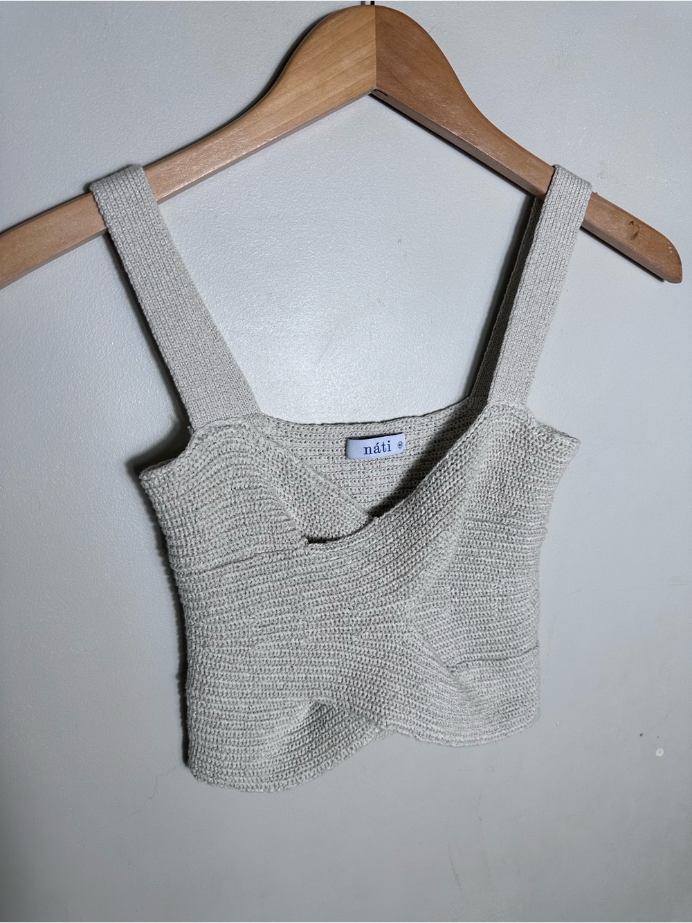 Nati beige Knit Cropped Tank with Criss-Cross pattern